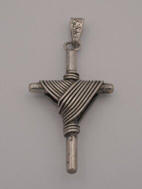 Vintage Taxco Mexico Sterling Silver Nail Cross Pendant Draped Shroud 11g